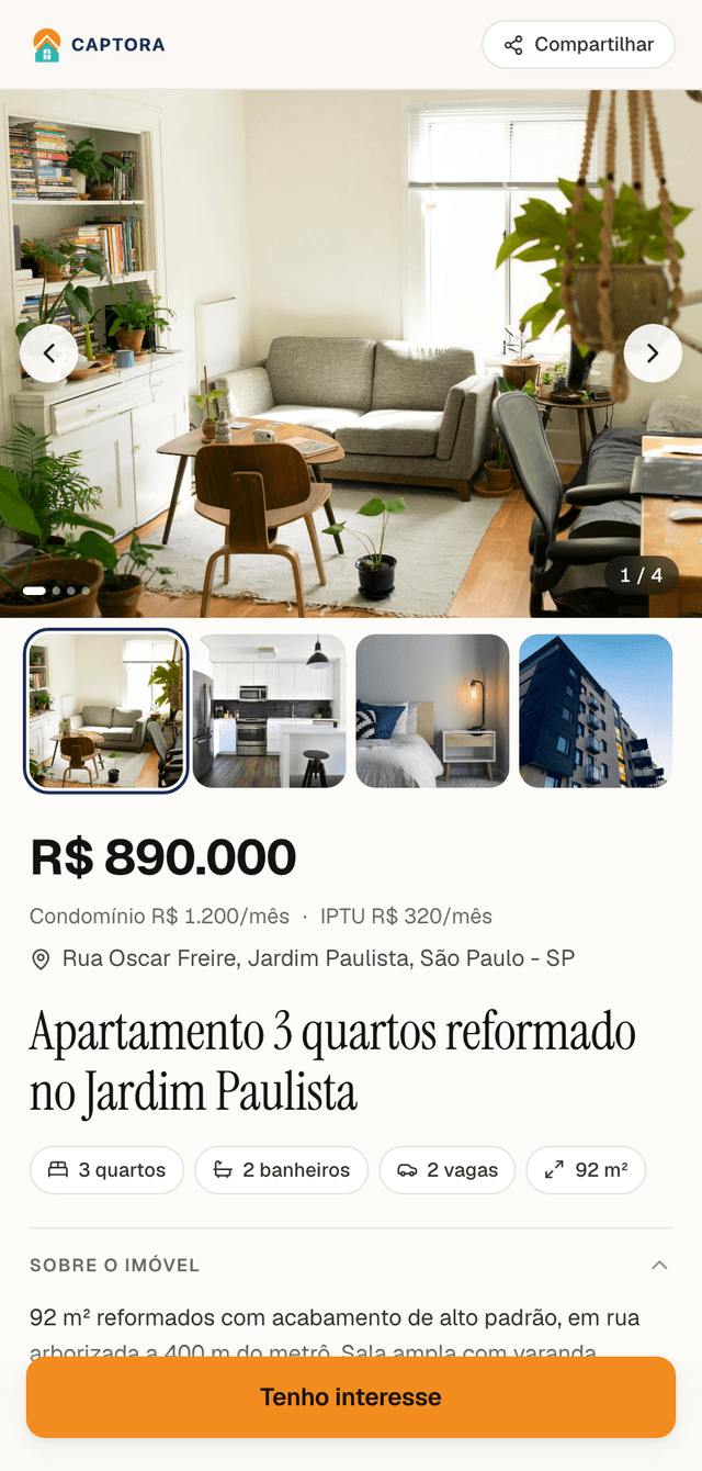 Exemplo de página de imóvel no celular